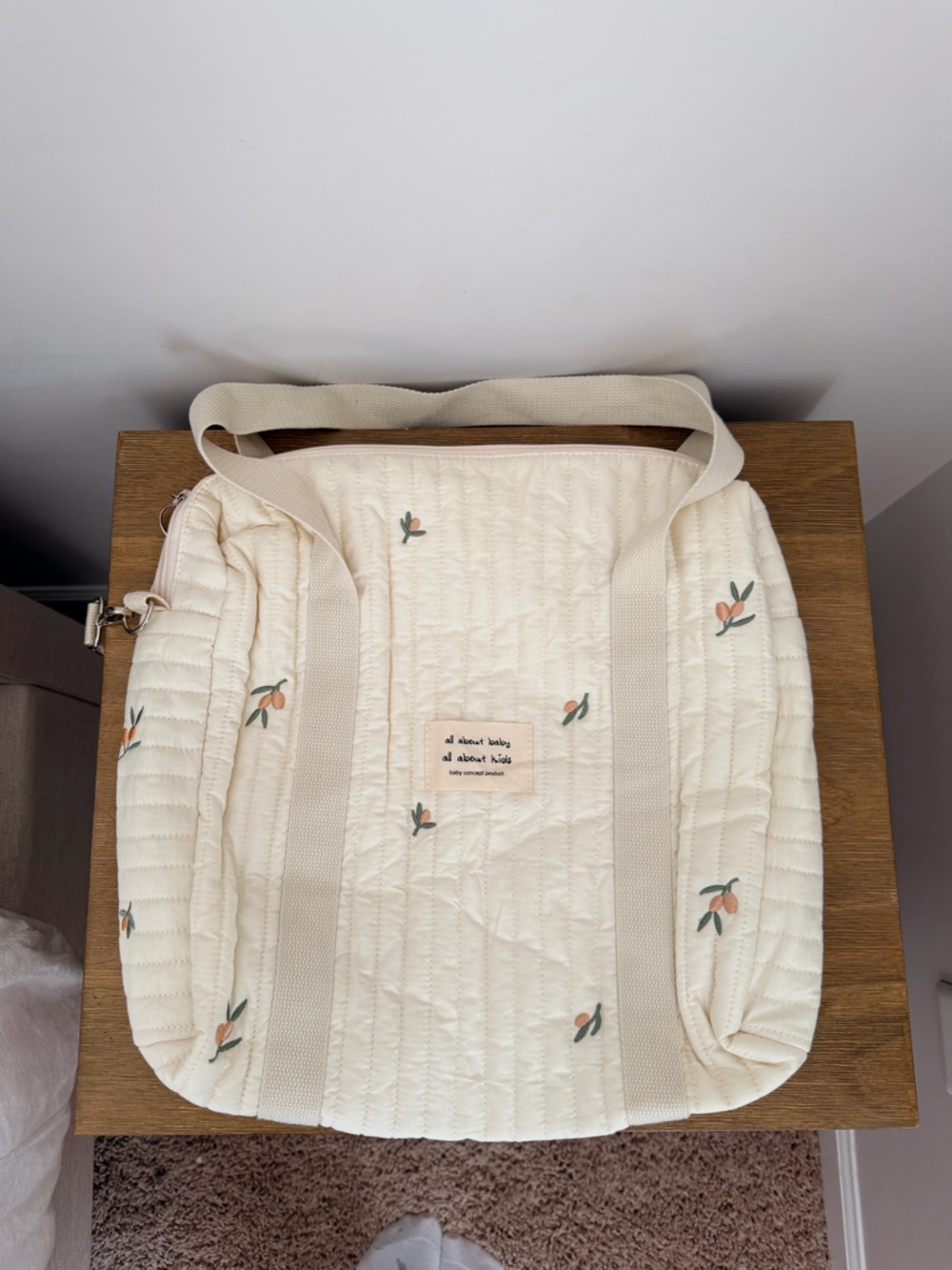 Quilted Cream Tote with Peach Motif